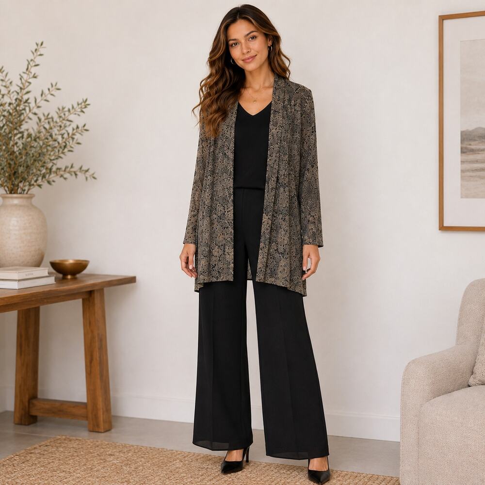 R&M Richards Cardigan Pants Set Women's Size 16 Gold Sparkle Floral Stretch Glam